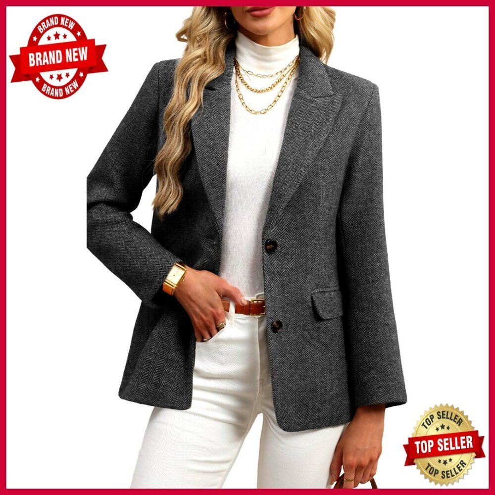 Wool Blend Tweed Blazer Oversized Fit Business Casual Herringbone